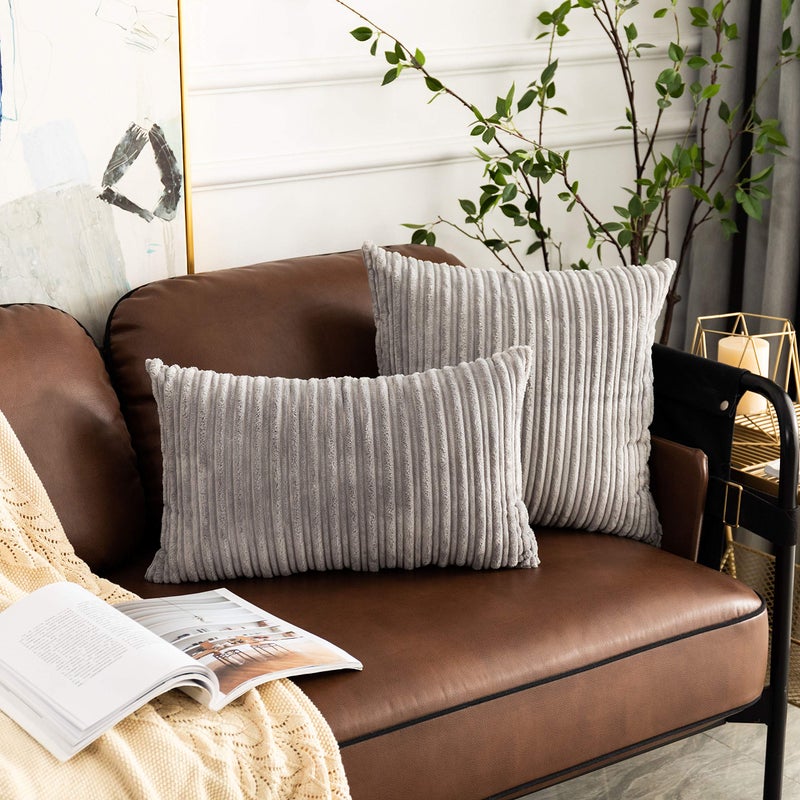 UGS UGASA UGASA Pack of 2, Velvet Pillow Covers Striped, Soft Textured Throw Cushion Case Set, Accent Corduroy Lumbar Pillowcases with Hidden Zipper for Home Decor Indoor Outdoor (12"x20", Light Grey) - Image 2
